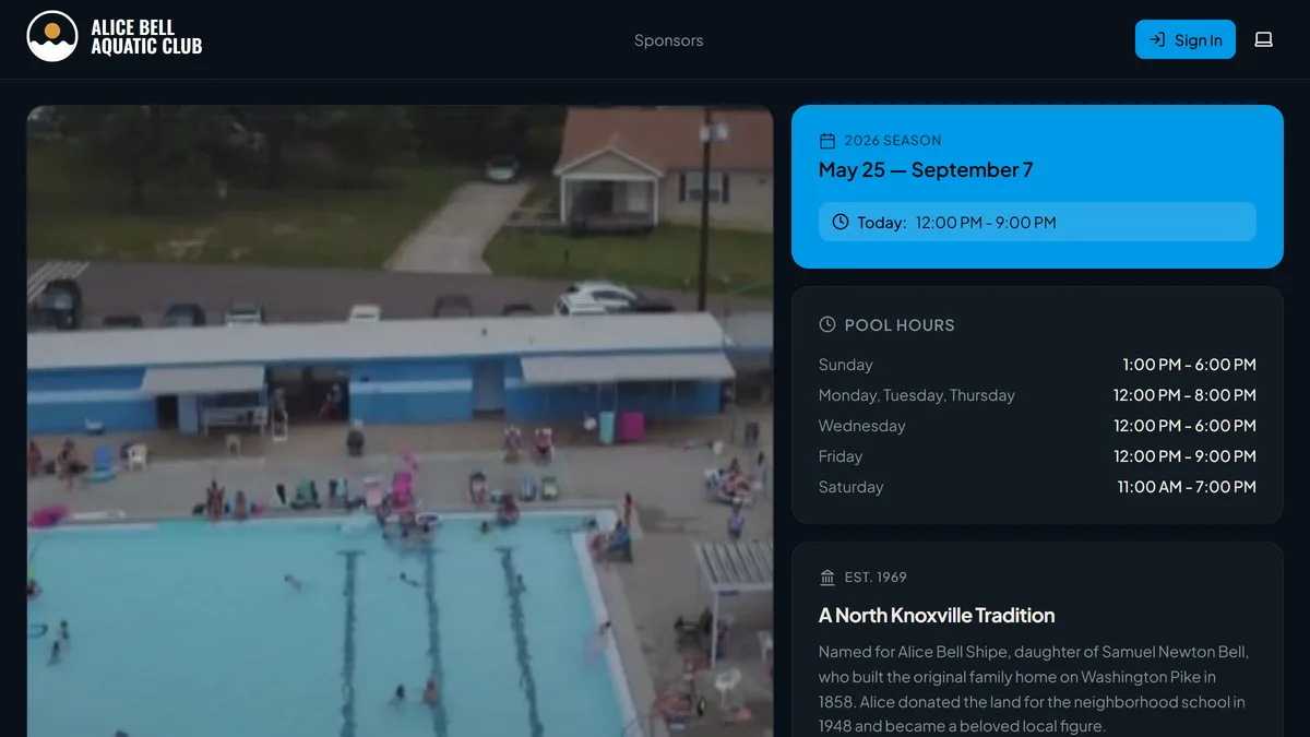The Alice Bell Aquatic Club portal: season dates, daily pool hours and club history beside an aerial photo of the pool