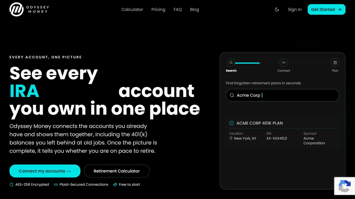 The Odyssey Money landing page, showing a search panel locating a forgotten 401(k) plan by employer name